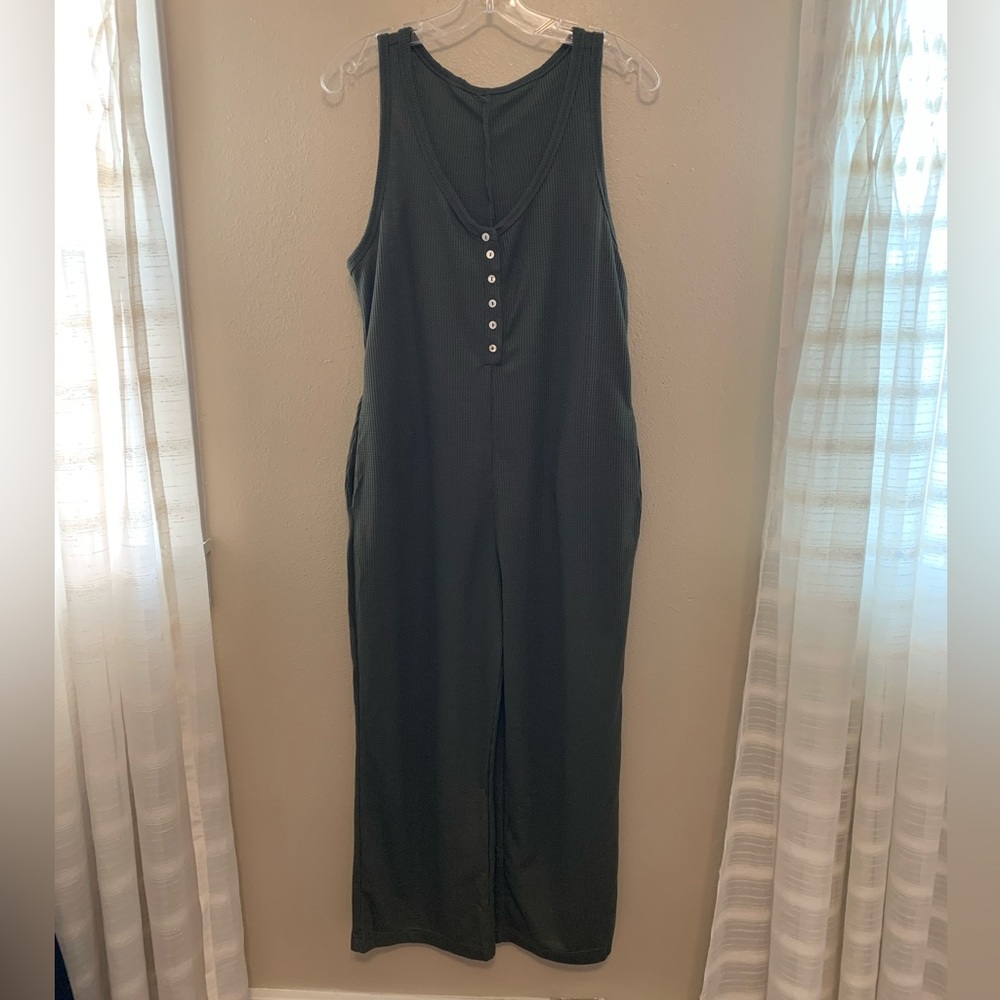 Women's One Piece Waffle Knit Army Green Romper Overalls With Pockets Size Large